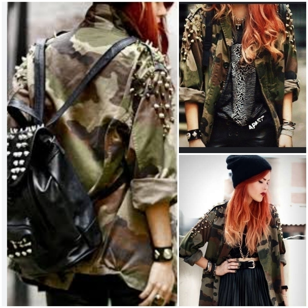 Women's Spiked Camouflage Military Jacket, Size M - Picture 3 of 17